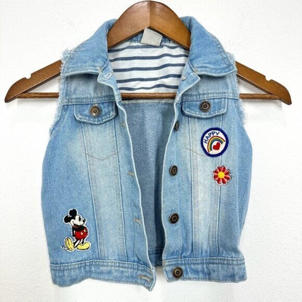 Mickey Mouse Girls Junk Food Clothing Denim Jean Vest Patches Retro Size Medium